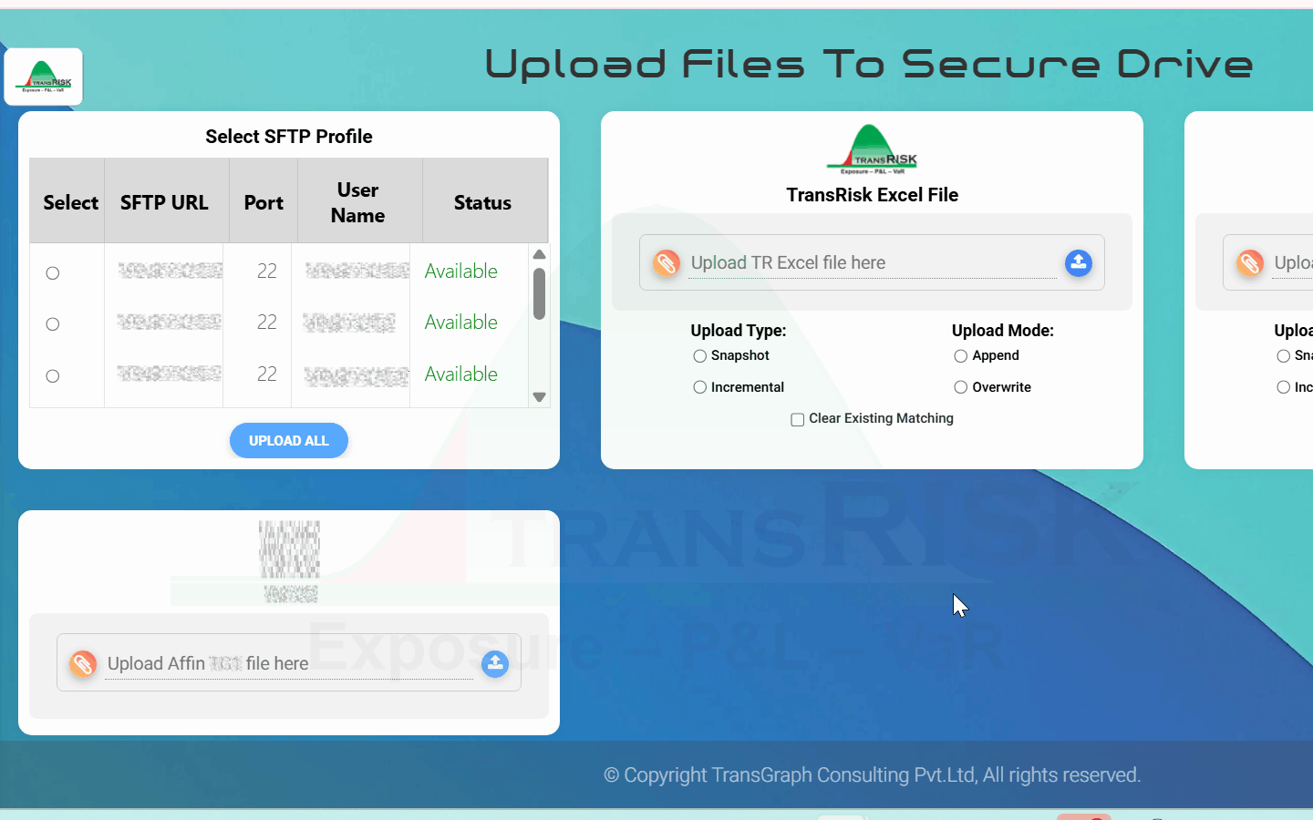Upload files to secure drive — SFTP profiles with their availability, alongside upload slots for the TransRisk Excel format, a custom Excel format and per-broker statement formats, each with snapshot or incremental type and append or overwrite mode