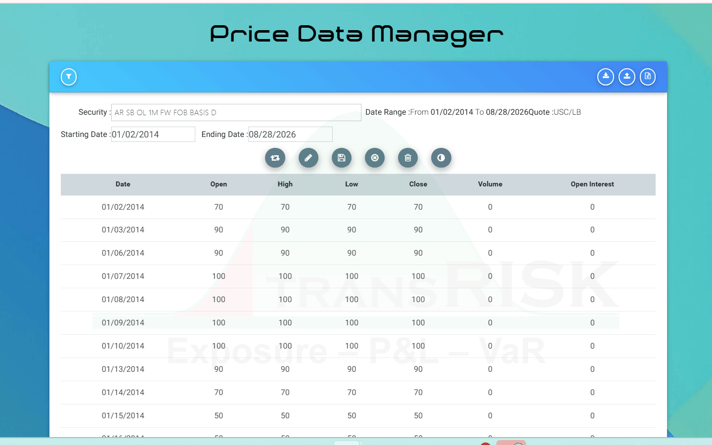 Price Data Manager — one security's daily open, high, low, close, volume and open interest over its full date range, with the series, quote unit and range shown above the grid