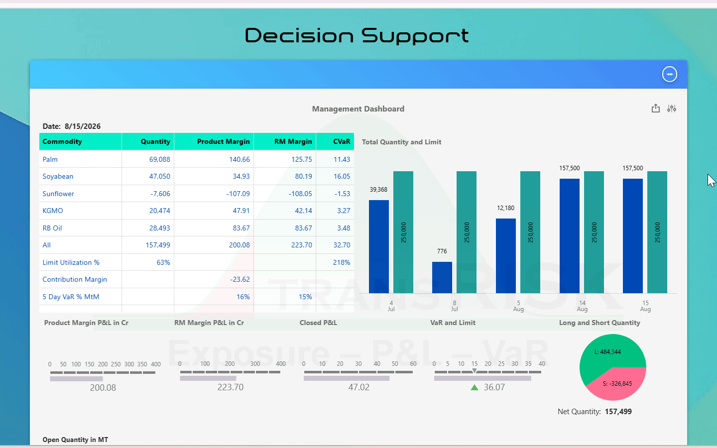 Decision Support management dashboard — product margin, raw material margin and CVaR per commodity, limit utilisation, five-day VaR against MtM, and open quantity with hedge ratio per position